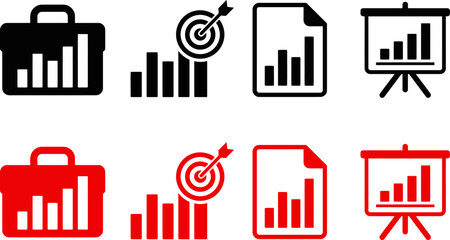 Fototapeta premium Set of business and finance icons featuring bar charts inside briefcases targets documents and presentation boards in black and red colors for professional data analysis