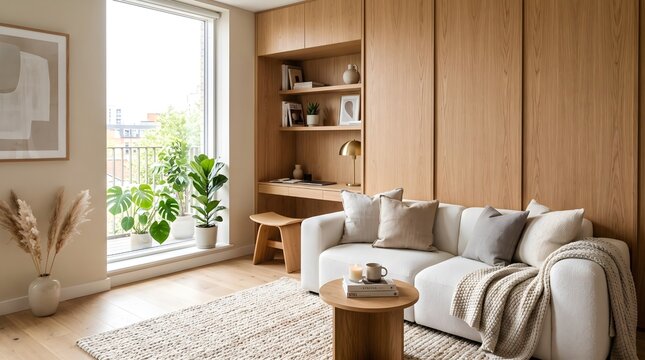 Modern living room interior with a comfortable grey sofa wooden wall cabinets a cozy workspace and bright natural sunlight streaming through a large window with green indoor plants