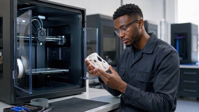 A man inspects a 3d printer object inside a workshop while wearing safety glasses.