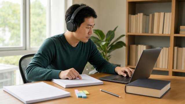 Man uses laptop and headphones studying documents at wooden desk inside room with bookshelf.
