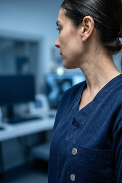 Healthcare professional in blue scrubs in a clinical setting