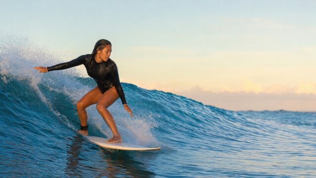 A young woman is surfing a wave in the ocean standing on a white surfboard during sunset.