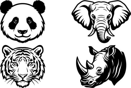 A collection of hand drawn animal head illustrations featuring a panda an elephant a tiger and a rhinoceros in a detailed black and white style