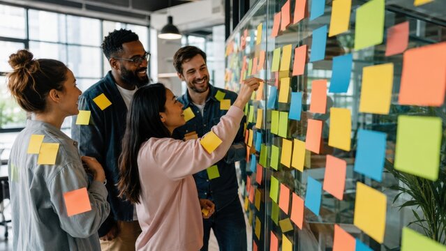 Team brainstorming with sticky notes on glass wall in modern office workplace.