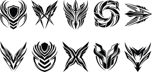 Fototapeta premium Set of ten black tribal emblems featuring sharp winged shapes and shield motifs isolated on a plain white background