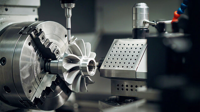 Advanced CNC milling machine processing a complex metallic impeller component with precision tools in a modern industrial manufacturing facility