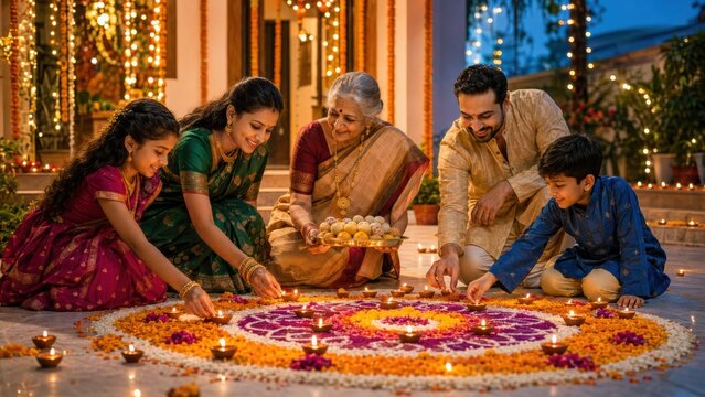 Indian family celebrating diwali lighting diyas around a floral rangoli pattern during festival celebration.