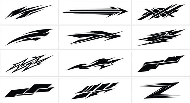 Set of twelve black tribal racing decals featuring sharp lines, arrows, and geometric shapes isolated on a white background, for vehicles