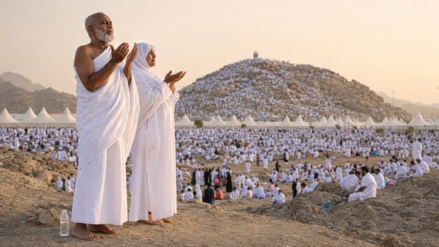 Two pilgrims as a couple are praying in white clothing on a rocky mountain. Day of Arafah