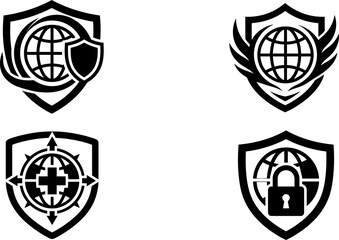 Fototapeta premium Set of four black and white shield icons featuring global security concepts with globes wings crosshairs and padlocks for digital protection and cybersecurity design projects