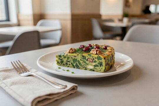 Kuku Sabzi plated with fork on linen napkin, showcasing vibrant herbs and accompaniments. Concept of herb frittata with walnuts barberries in modern cafeteria setting.