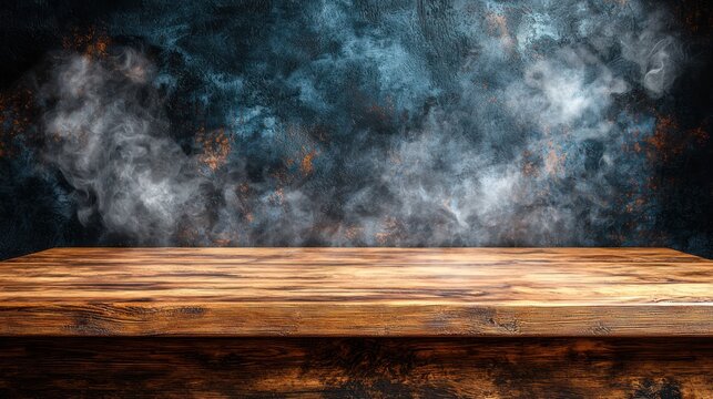 Wooden table, smoky backdrop, dark studio, product display