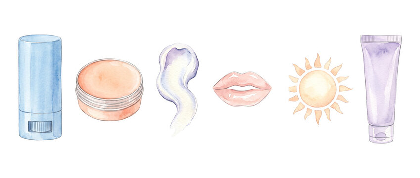 Lip balm sunscreen skincare set watercolor illustrations isolated on black, featuring cosmetic tube, cream jar, lotion swatch, lip icon, and sun symbol for summer beauty routine and UV protection.