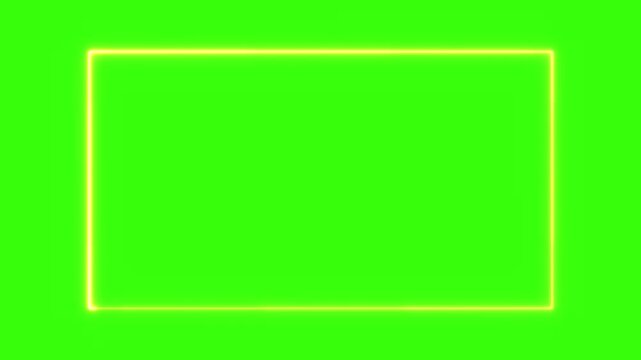 Yellow neon rectangle frame animation glowing on green screen background loop motion.