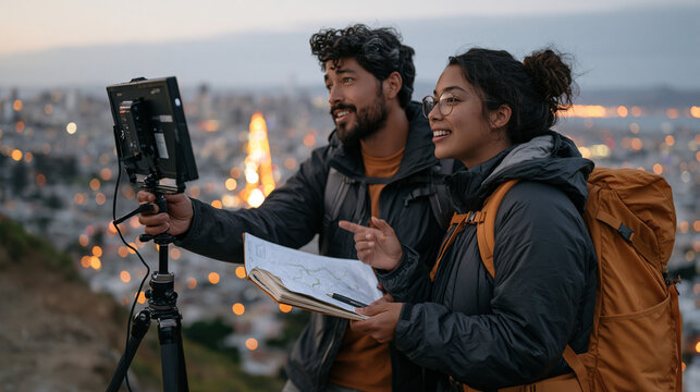 Hiking guide couple on a steep urban trail entrance at dusk using a teleprompter rig mounted on a lightweight tripod to record informational trail safety content, city lights beginning to glow behin