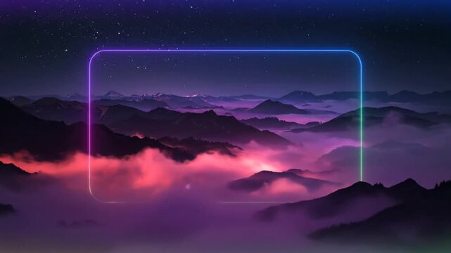 Vibrant neon frame overlays a misty mountain landscape at night
