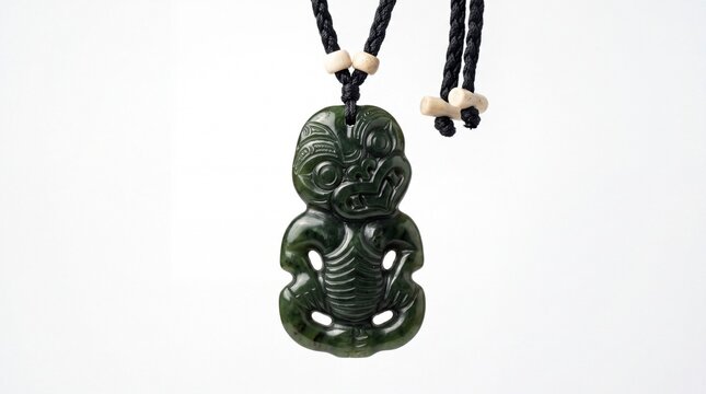 A Traditional Maori Hei Tiki Pendant Carved From Greenstone Hanging On A Braided Black Cord.