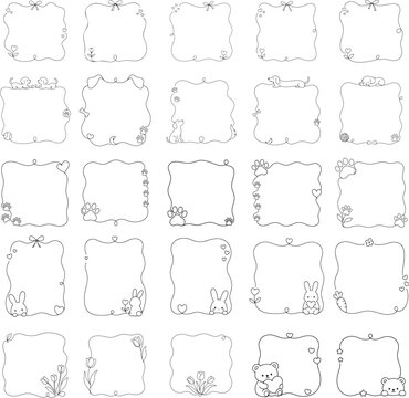 Cute Hand Drawn Animal and Floral Outline Frame Vector Set