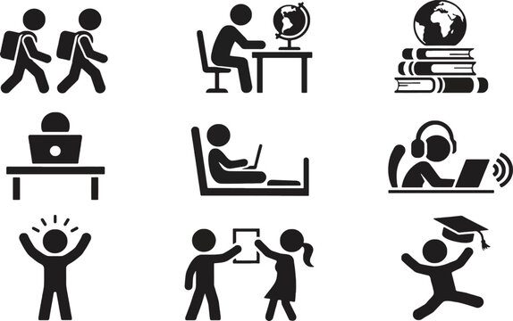 Set of black and white education and student life icons representing learning studying and academic success activities