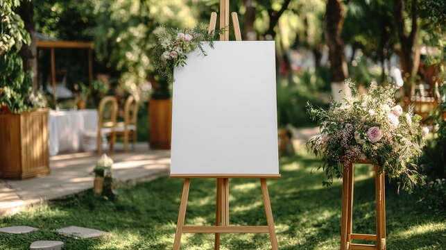 Stunning photo of blank white welcome sign mockup, size is 24 by 36 inches in portrait orientation, on an easel during a wedding party.