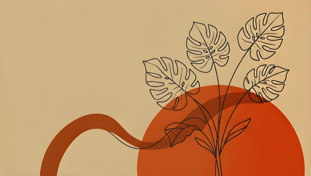 Boho Monstera Leaves Line Art Banner with Terracotta Circular Shapes