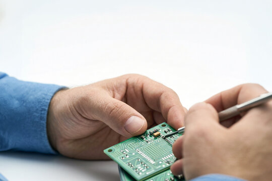Technician repairing electronic circuit board with probe