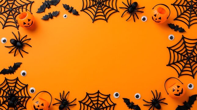 A festive halloween background featuring a decorative border of black spider webs plastic spiders bats and tiny googly eyes on a bright orange surface