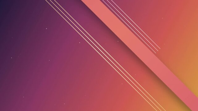 Minimalist motion background with diagonal pink shapes and white lines moving over gradient purple and orange cinematic texture.