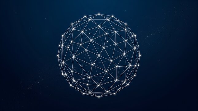Futuristic digital sphere with glowing plexus network, abstract global communication technology concept, blue geometric data connection background
