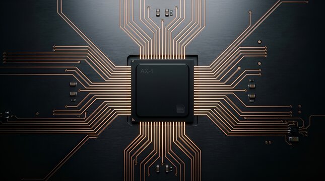 Futuristic microchip on black circuit board, copper conductive traces on computer processor, high-tech semiconductor hardware for artificial intelligence