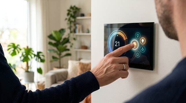 Smart home automation system interface, man using digital wall tablet to control house temperature and lighting, modern domestic technology concept