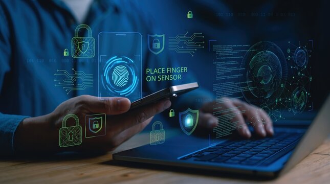 Cybersecurity concept with fingerprint biometric authentication on smartphone screen, digital security locks and data protection icons overlay.