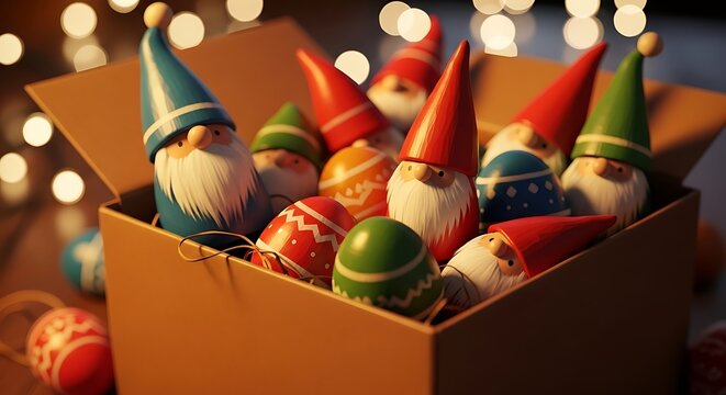 Festive christmas gnomes and colorful decorative ornaments packed inside a cardboard box, holiday season preparation and festive home decor concept