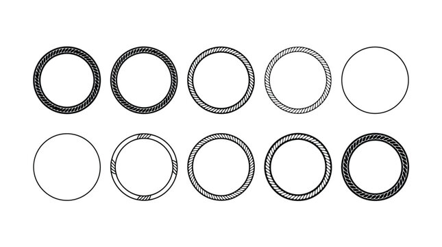 Set of circular rope frames, nautical border elements, round vector frames with twisted rope texture, collection of decorative circular borders