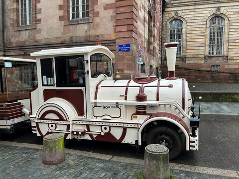 Little tourist train on the city street. Close-up. Strasbourg. France.
