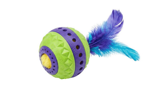 Colorful rubber ball toy for cats with purple and blue feathers for hunting and playing exercise isolated on transparent background