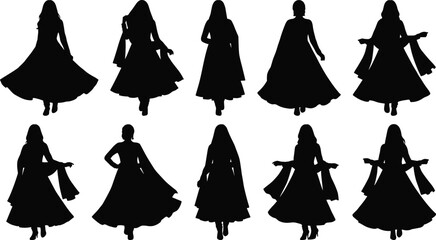 Elegant Black Silhouette Figures in Flowing Dresses and Traditional Gowns Showing Dance Movement and Fashion Design © Shariful