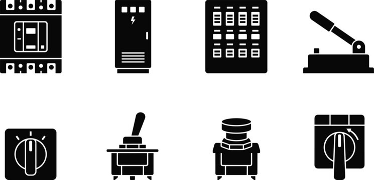 Electrical switch and circuit breaker icon set featuring panel box toggle knife rotary and push button switches