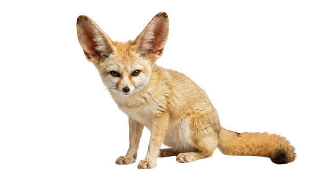 Cute small fennec fox with large ears sitting and looking at camera isolated on transparent background