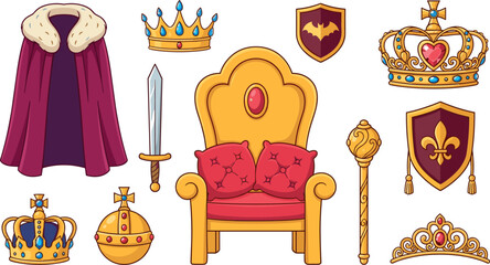Medieval royal fantasy king regalia vector icon set featuring golden crowns throne chair cape sword shields sceptre and tiara accessories [18 words] © jamirul