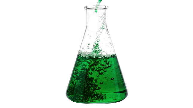 Green liquid pouring into a glass chemical flask for a science experiment in a laboratory isolated on transparent background