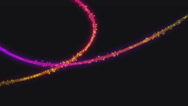 Abstract flowing lines with glowing particle trails moving across dark background cinematic digital motion graphic loop animation.