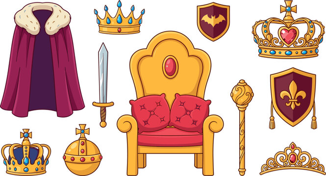 Medieval royal fantasy king regalia vector icon set featuring golden crowns throne chair cape sword shields sceptre and tiara accessories [18 words]