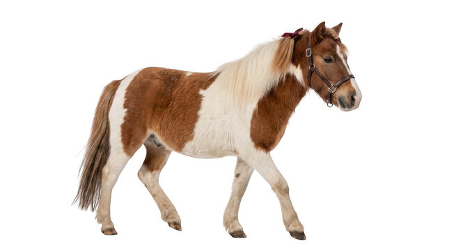 Cute brown and white spotted pony horse walking in a studio setting isolated on transparent background