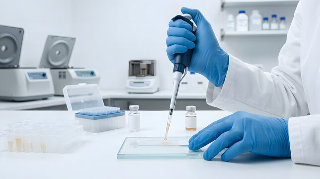 Laboratory Technician Pipetting Sample onto Microscope Slide in Pathology Lab