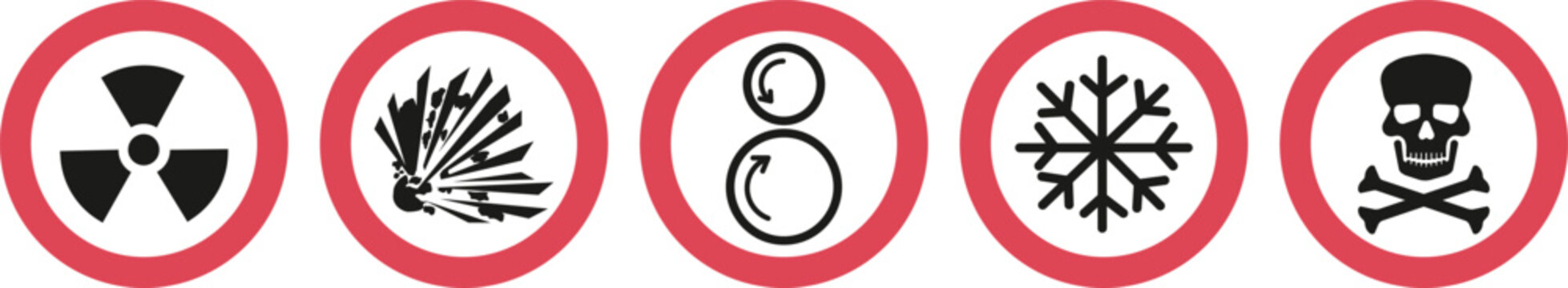 Five safety hazard warning icons in circles