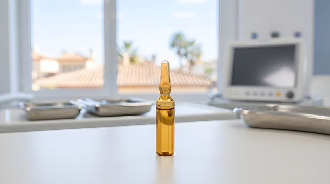 Amber Glass Medical Ampoule Standing on White Table in Hospital Room