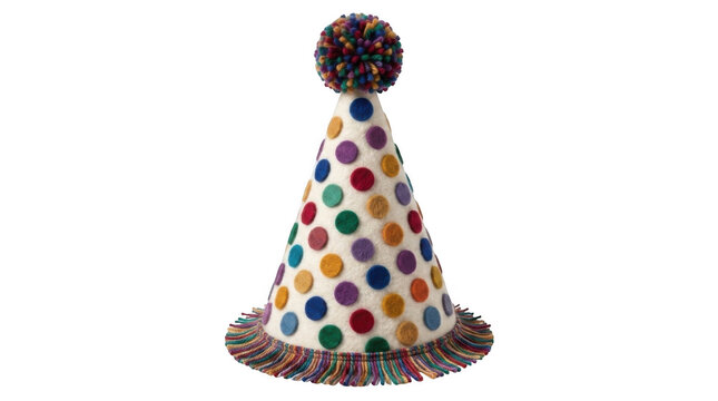 Colorful party hat with polka dot pattern and fuzzy pom pom for birthday celebration and festive events isolated on transparent background
