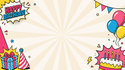 Fototapeta premium Vibrant halftone pop art birthday party background banner with text space.