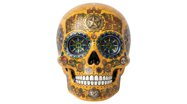 Decorative yellow sugar skull with colorful floral patterns and glitter for day of the dead celebration isolated on transparent background